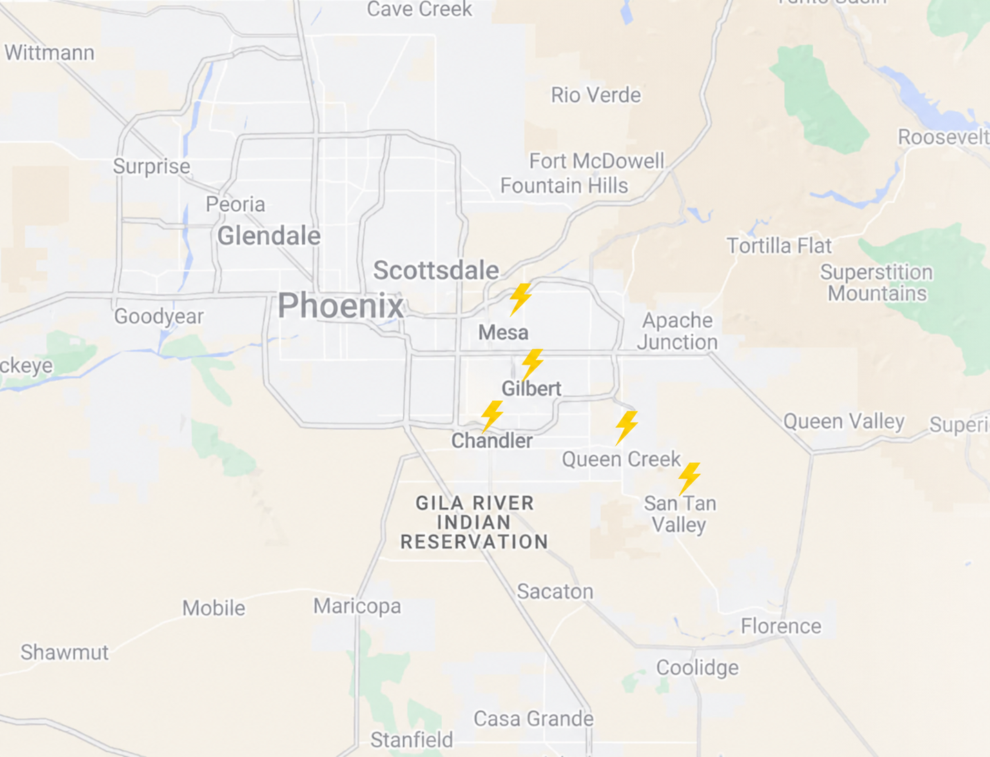 BOLT Window Cleaning service area map — Chandler, Mesa, Gilbert, Queen Creek, San Tan Valley